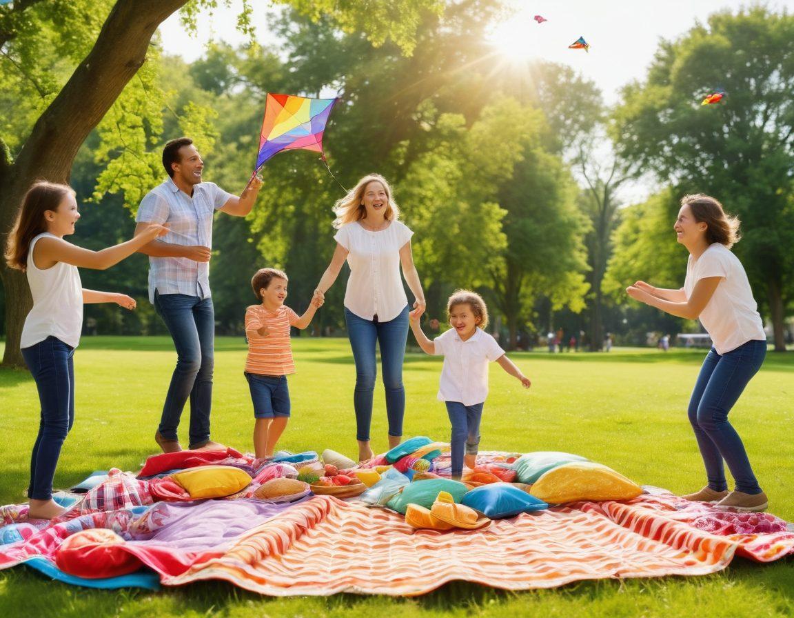 A lively family gathering in a sunny park, featuring diverse family members engaged in various fun activities like picnicking, playing games, and flying kites. Brightly colored blankets spread out with delicious food, laughter in the air, and children joyfully running around. Capture the essence of togetherness and joy in their expressions. A vibrant atmosphere highlighting family bonds. super-realistic. vibrant colors. natural setting.