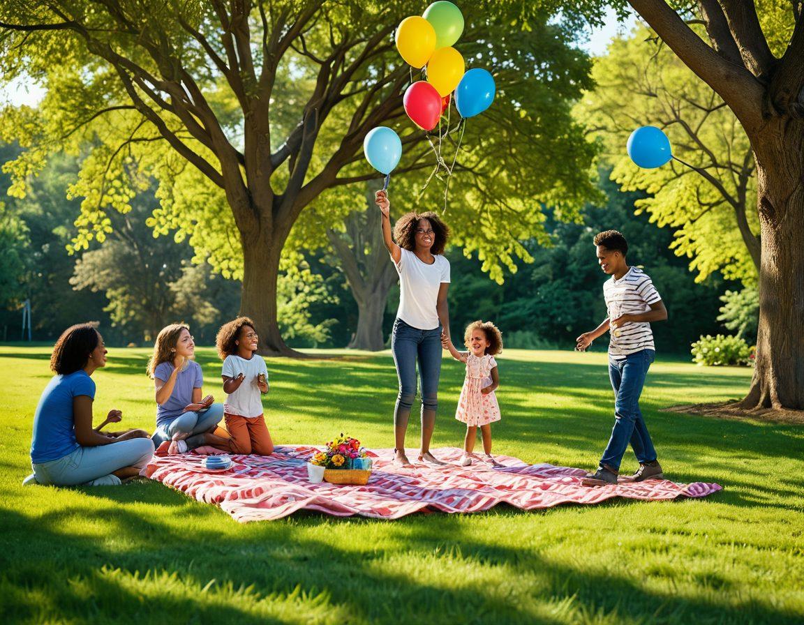 A joyful scene featuring a diverse family engaged in various fun activities such as picnicking, playing games, and laughing together in a vibrant park setting. Include children flying kites, parents cooking on a portable grill, and a colorful splash of nature around them, with soft sunlight filtering through the trees. Enhance the atmosphere with elements symbolizing joy, like balloons and smiling faces. super-realistic. vibrant colors. outdoor theme.
