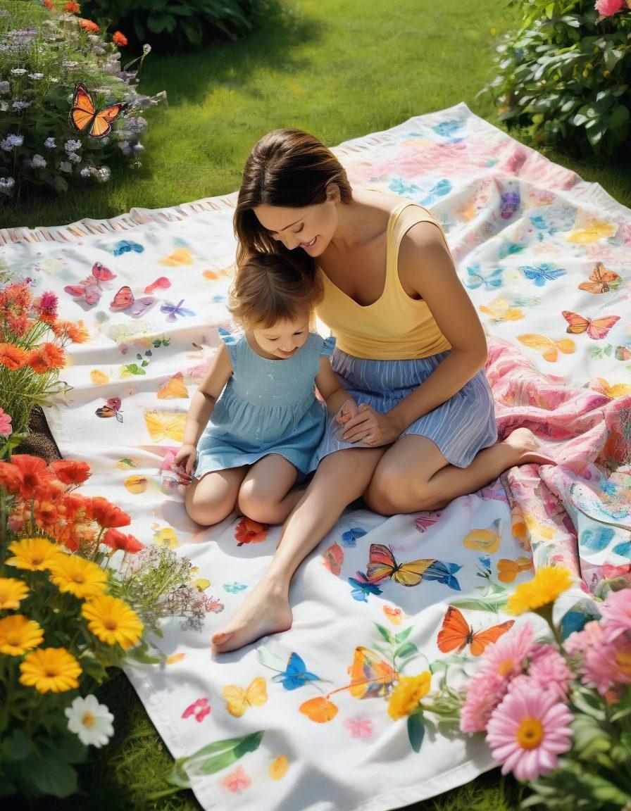 A warm, inviting scene of a mother and child engaged in a creative activity, surrounded by colorful arts and crafts supplies. The mother is smiling, illustrating joy and connection, and the child is focused on a fun project, both on a sunlit garden picnic blanket. Include playful elements like butterflies, toys, and flowers to convey a sense of happiness and engagement. pastel colors. super-realistic. bright and cheerful.